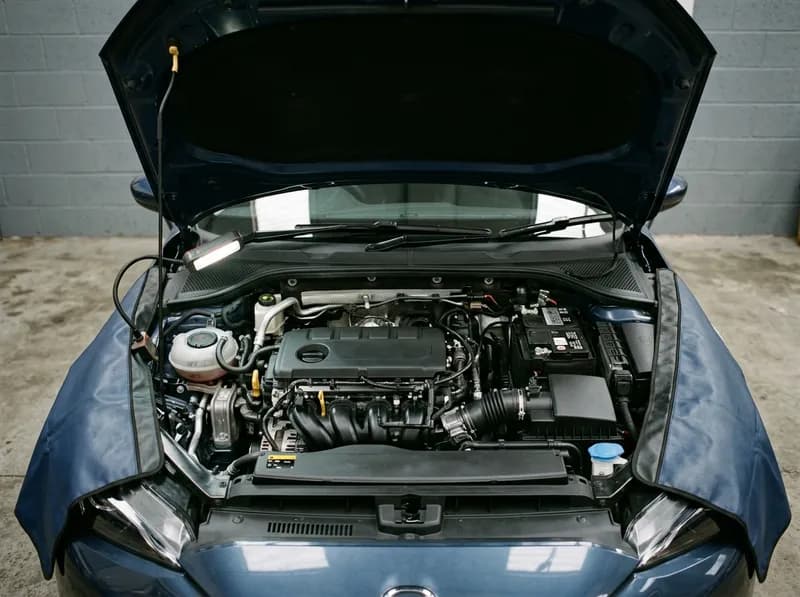 Compartimento do motor limpo com o capô aberto sob as luzes da oficina