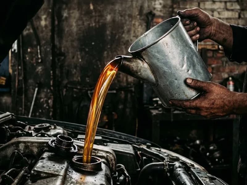 Óleo de motor dourado a ser vertido de um jarro