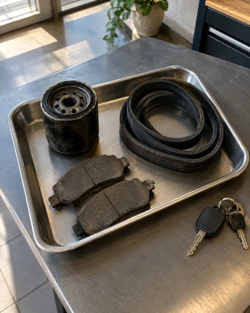 Pastilhas gastas e um filtro velho num tabuleiro de aço no balcão da oficina