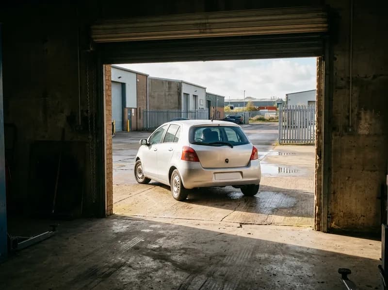 Um carro a sair pela porta da oficina a caminho do centro de inspeção