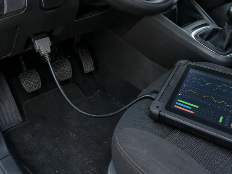 Tablet de diagnóstico ligado à ficha OBD por baixo do tablier