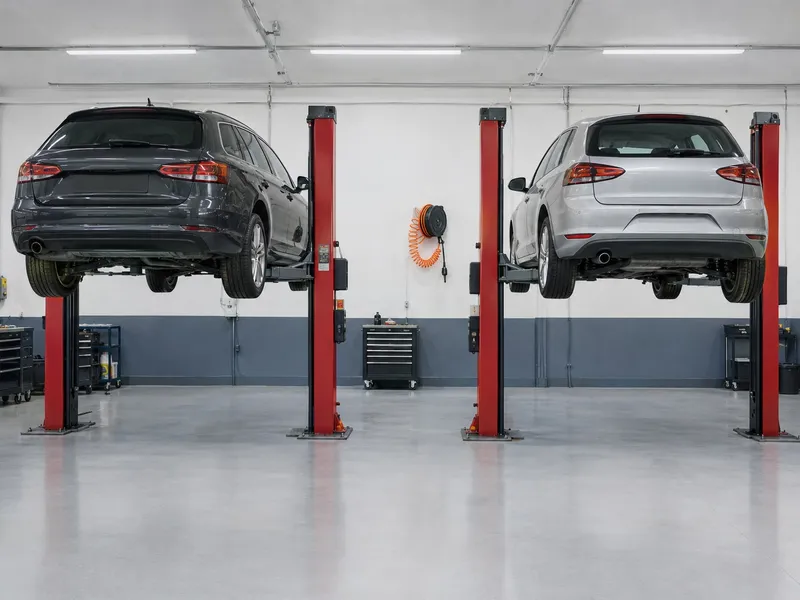 Dois carros de marcas diferentes em elevadores lado a lado numa oficina limpa