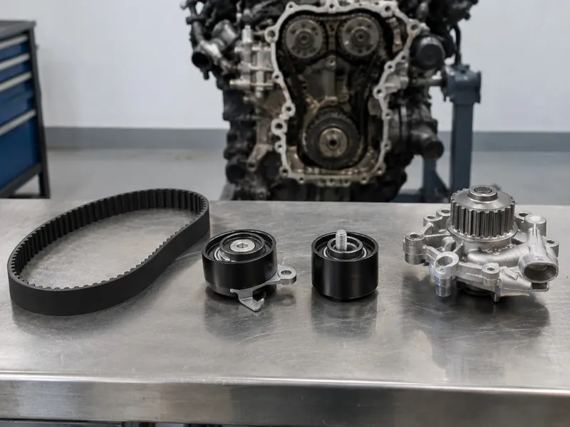 Kit de distribuição novo numa bancada ao lado de um motor aberto